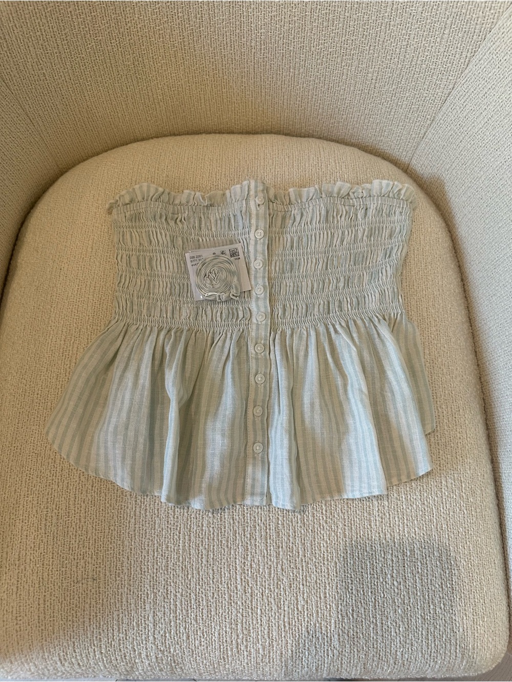 American Eagle Outfitters Sage & White Striped Smocked Strapless Crop Top